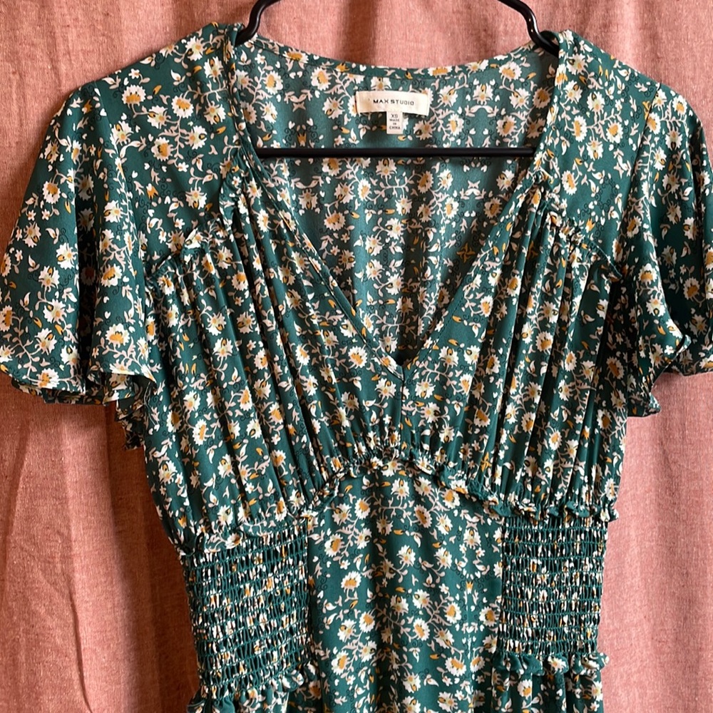 Max studio Midi dress - XS, hunter green with mustard and white print